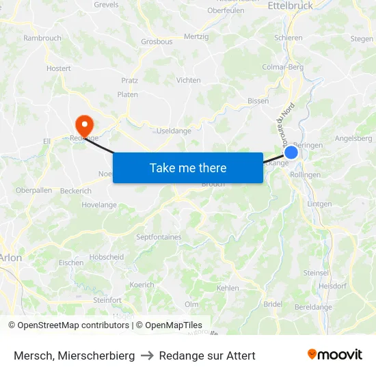 Mersch, Mierscherbierg to Redange sur Attert map