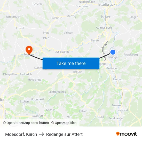 Moesdorf, Kiirch to Redange sur Attert map