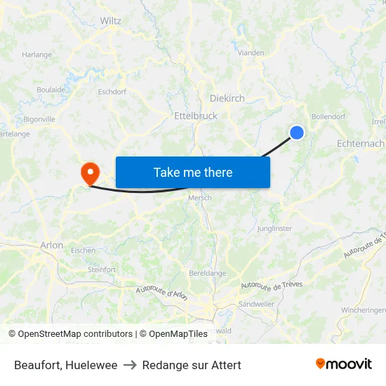 Beaufort, Huelewee to Redange sur Attert map