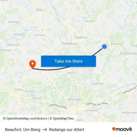 Beaufort, Um Bierg to Redange sur Attert map