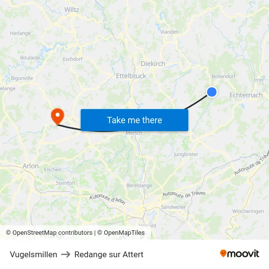 Vugelsmillen to Redange sur Attert map