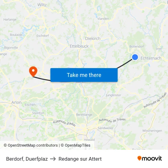 Berdorf, Duerfplaz to Redange sur Attert map