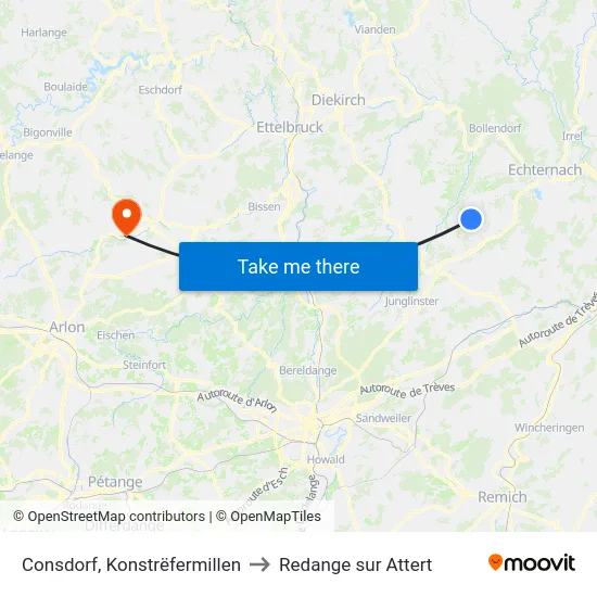Consdorf, Konstrëfermillen to Redange sur Attert map
