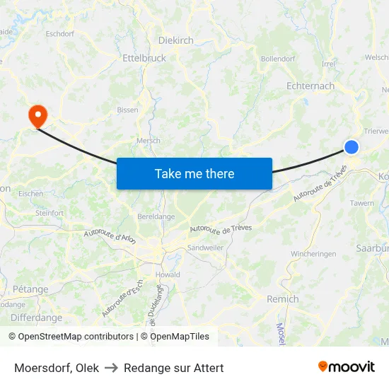 Moersdorf, Olek to Redange sur Attert map