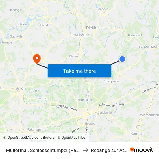 Mullerthal, Schiessentümpel (Parking) to Redange sur Attert map