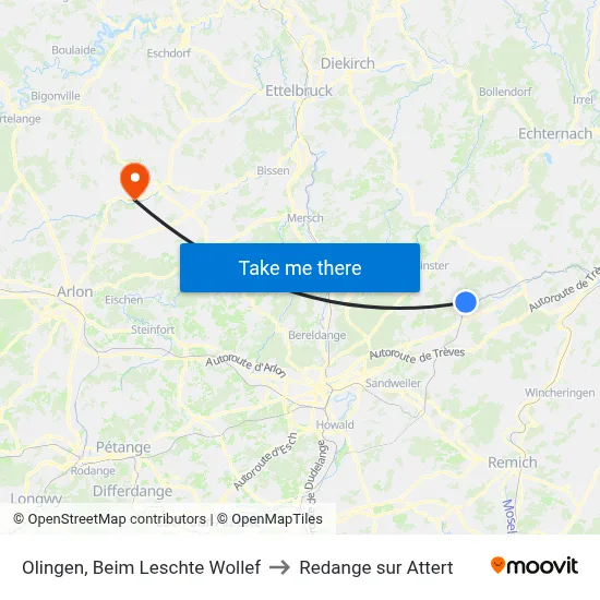 Olingen, Beim Leschte Wollef to Redange sur Attert map