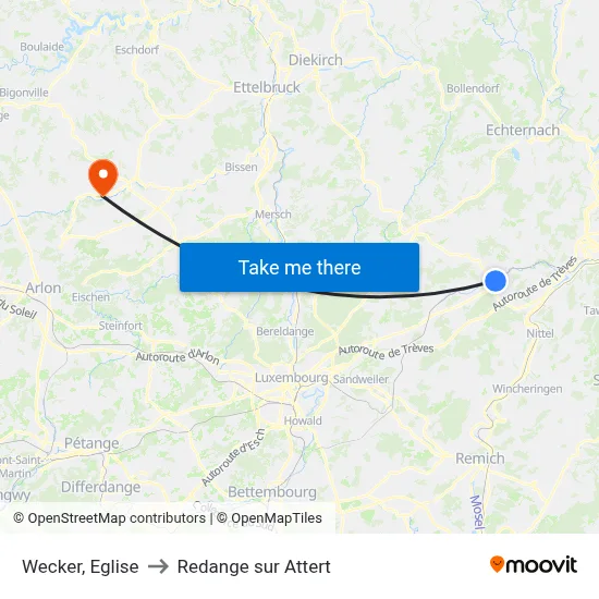 Wecker, Eglise to Redange sur Attert map