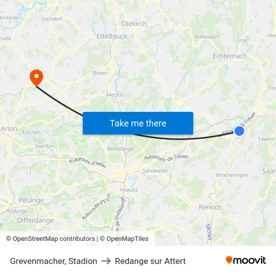 Grevenmacher, Stadion to Redange sur Attert map