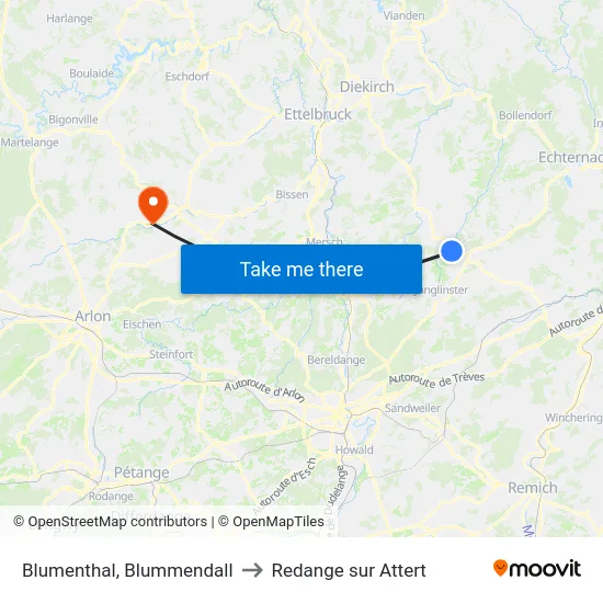 Blumenthal, Blummendall to Redange sur Attert map