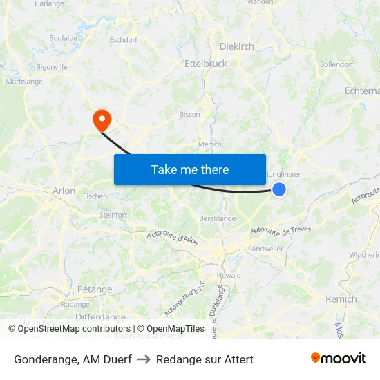 Gonderange, AM Duerf to Redange sur Attert map