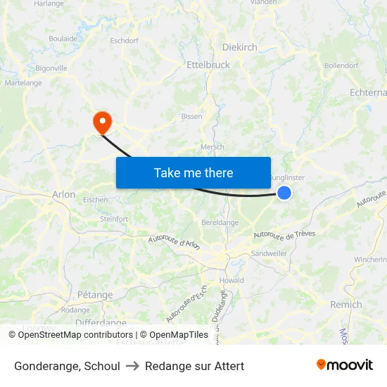 Gonderange, Schoul to Redange sur Attert map