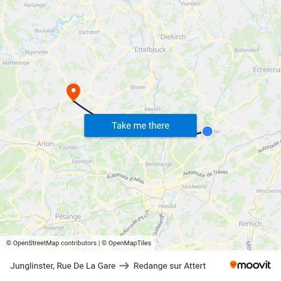 Junglinster, Rue De La Gare to Redange sur Attert map
