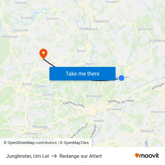 Junglinster, Um Lei to Redange sur Attert map
