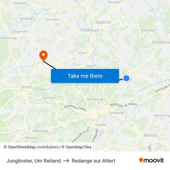 Junglinster, Um Reiland to Redange sur Attert map