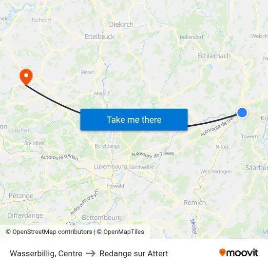 Wasserbillig, Centre to Redange sur Attert map