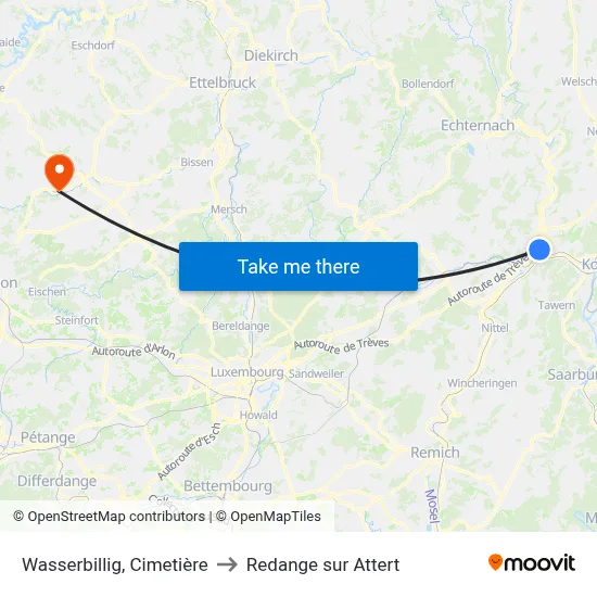 Wasserbillig, Cimetière to Redange sur Attert map