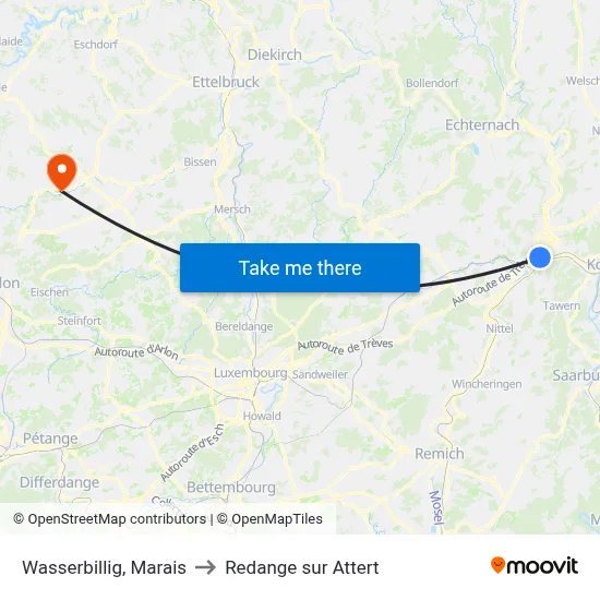 Wasserbillig, Marais to Redange sur Attert map