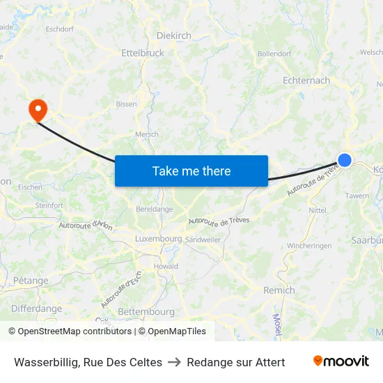 Wasserbillig, Rue Des Celtes to Redange sur Attert map