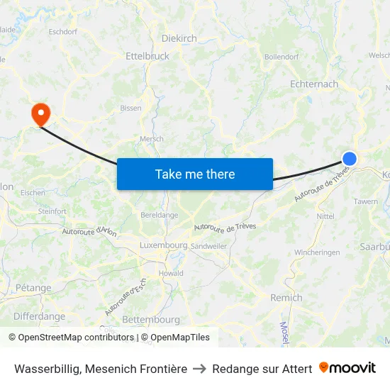 Wasserbillig, Mesenich Frontière to Redange sur Attert map