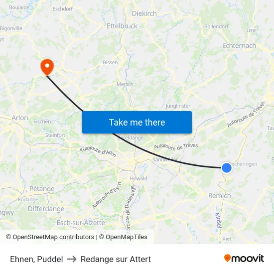 Ehnen, Puddel to Redange sur Attert map