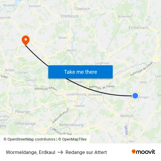 Wormeldange, Erdkaul to Redange sur Attert map