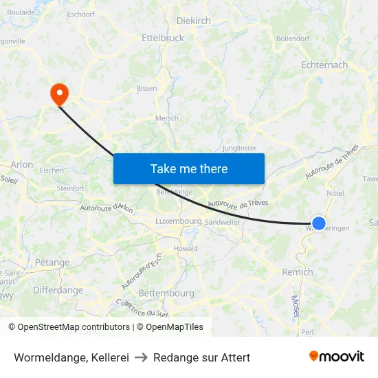 Wormeldange, Kellerei to Redange sur Attert map
