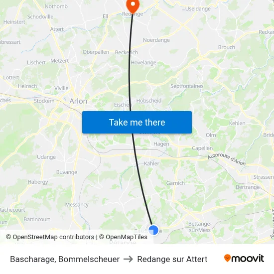 Bascharage, Bommelscheuer to Redange sur Attert map
