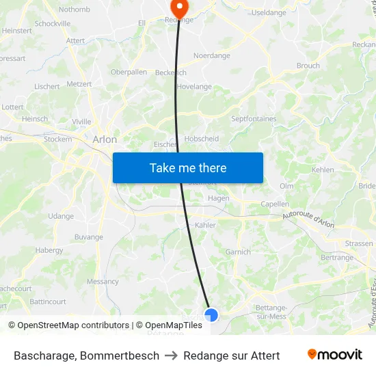 Bascharage, Bommertbesch to Redange sur Attert map