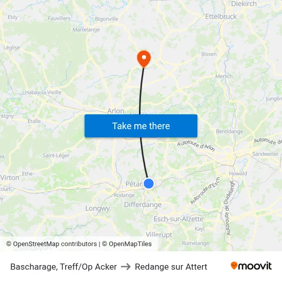 Bascharage, Treff/Op Acker to Redange sur Attert map