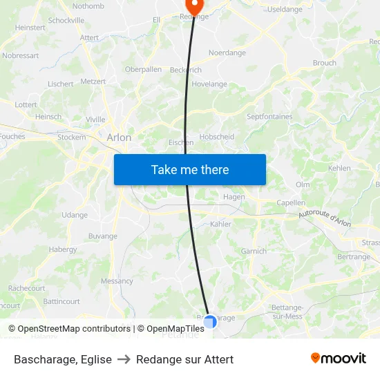 Bascharage, Eglise to Redange sur Attert map