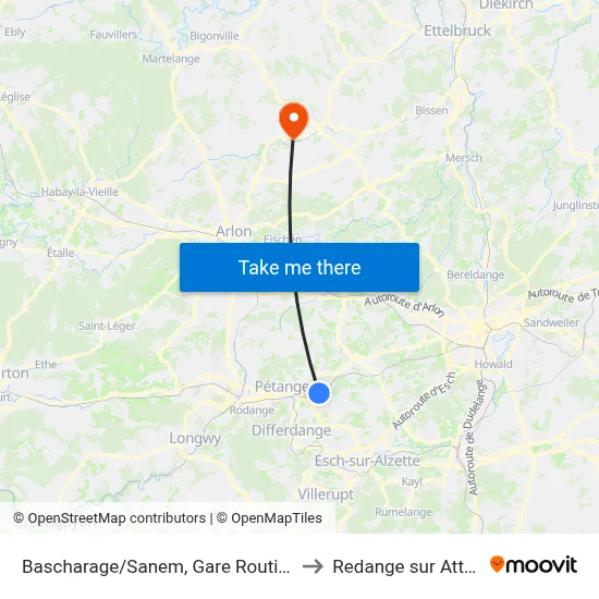 Bascharage/Sanem, Gare Routière to Redange sur Attert map