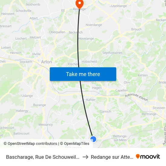 Bascharage, Rue De Schouweiler to Redange sur Attert map