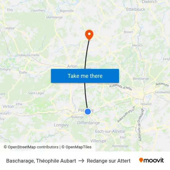 Bascharage, Théophile Aubart to Redange sur Attert map