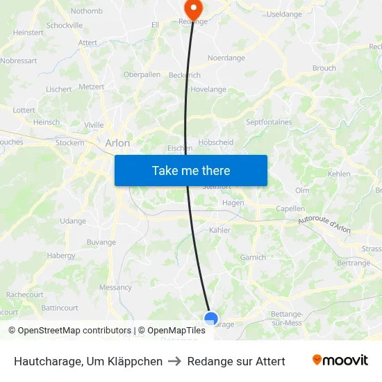 Hautcharage, Um Kläppchen to Redange sur Attert map