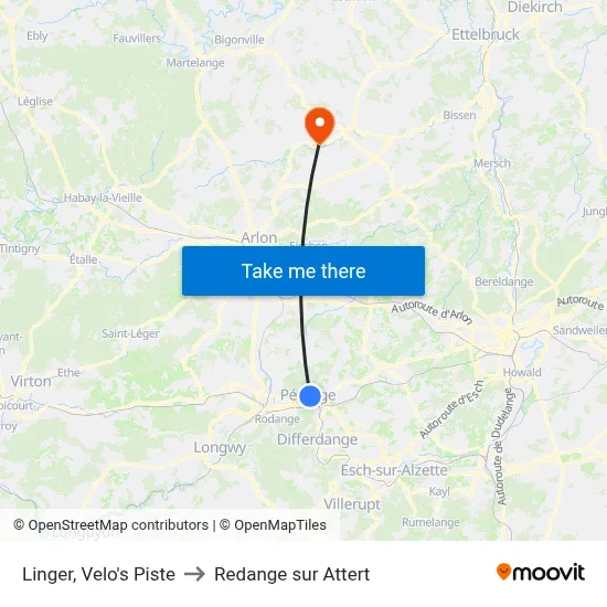 Linger, Velo's Piste to Redange sur Attert map