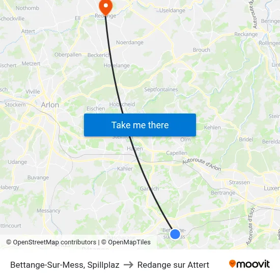 Bettange-Sur-Mess, Spillplaz to Redange sur Attert map