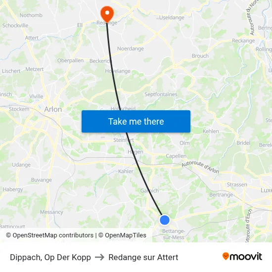 Dippach, Op Der Kopp to Redange sur Attert map