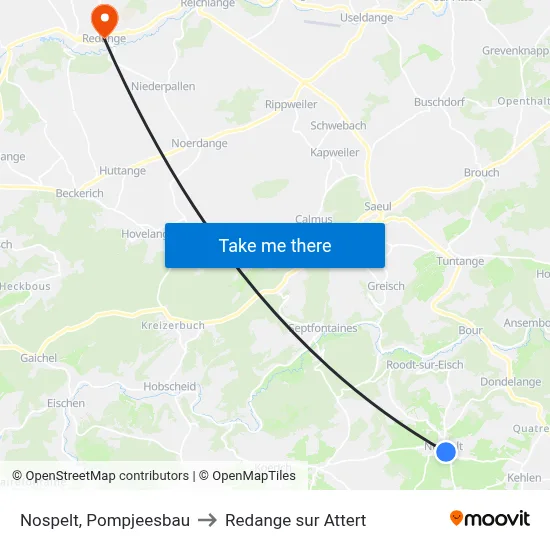 Nospelt, Pompjeesbau to Redange sur Attert map