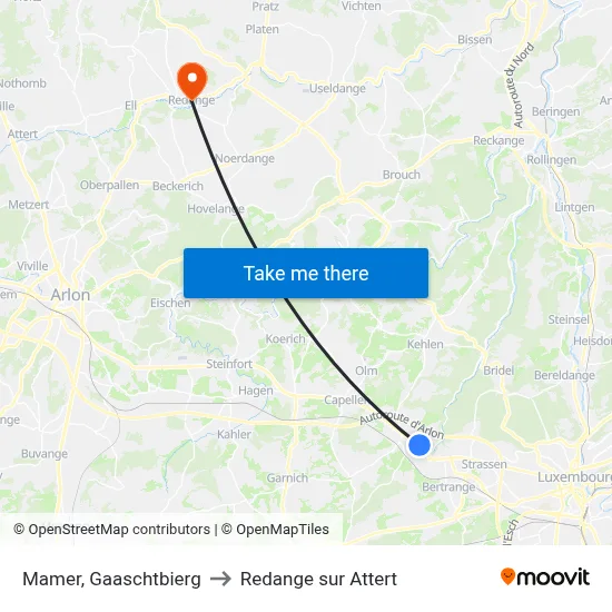 Mamer, Gaaschtbierg to Redange sur Attert map