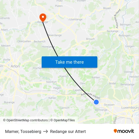 Mamer, Tossebierg to Redange sur Attert map