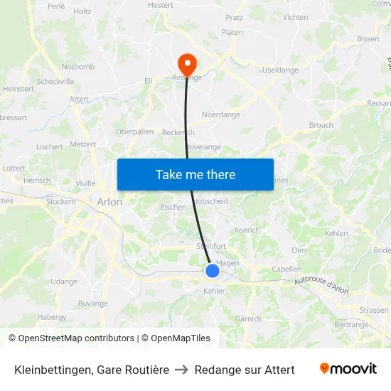 Kleinbettingen, Gare Routière to Redange sur Attert map