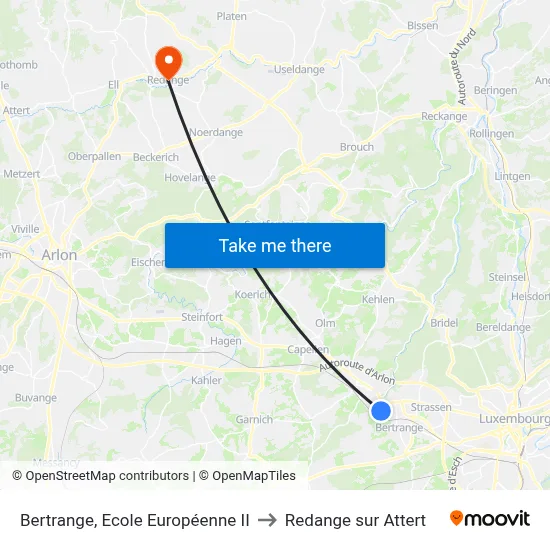 Bertrange, Ecole Européenne II to Redange sur Attert map