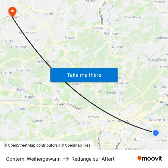 Contern, Weihergewann to Redange sur Attert map