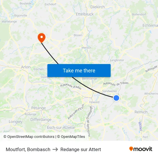 Moutfort, Bombasch to Redange sur Attert map