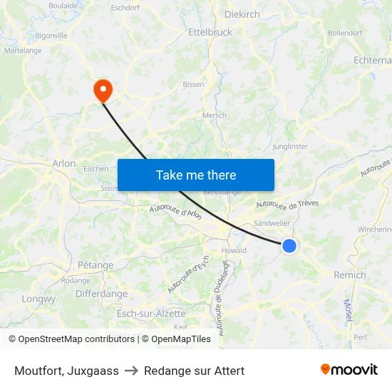 Moutfort, Juxgaass to Redange sur Attert map