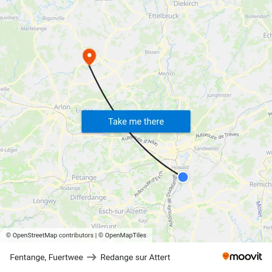 Fentange, Fuertwee to Redange sur Attert map