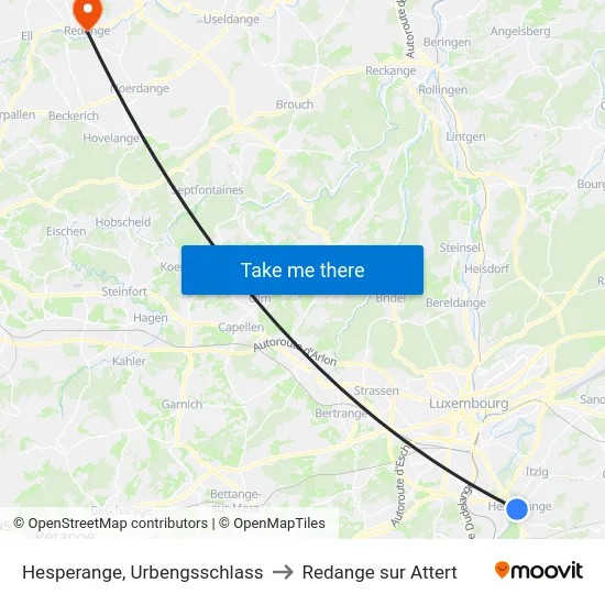 Hesperange, Urbengsschlass to Redange sur Attert map