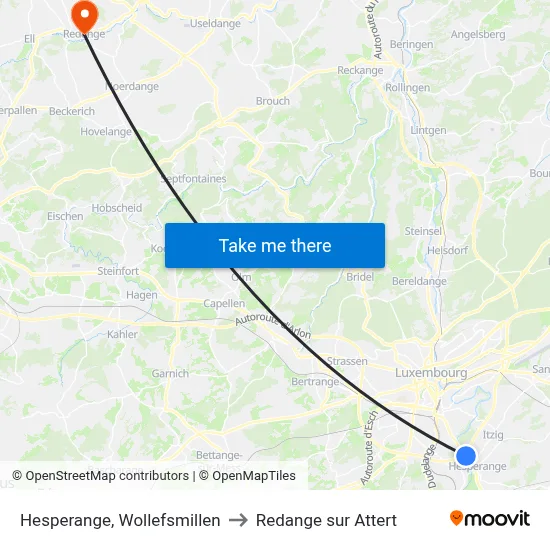 Hesperange, Wollefsmillen to Redange sur Attert map
