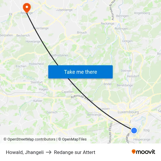 Howald, Jhangeli to Redange sur Attert map