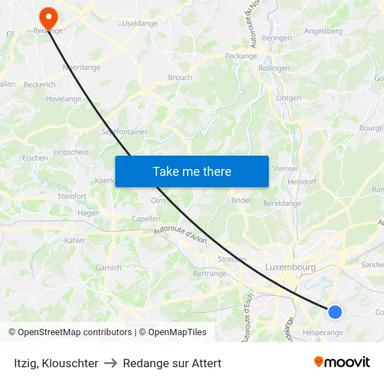 Itzig, Klouschter to Redange sur Attert map